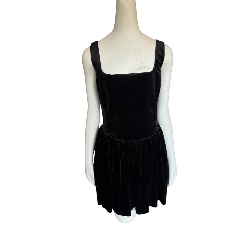 Zara Black Velvet Corset Mini Dress Square Neck Fit & Flare Size Large
